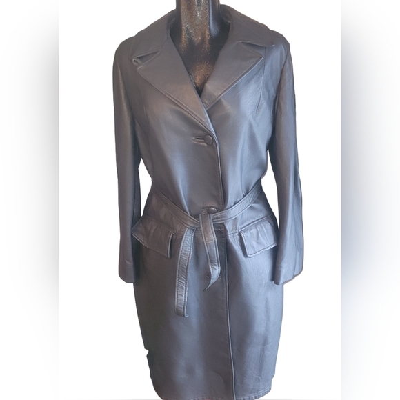 Vintage Grey Leather Mid-length Belted Trench Coat - Picture 1 of 10